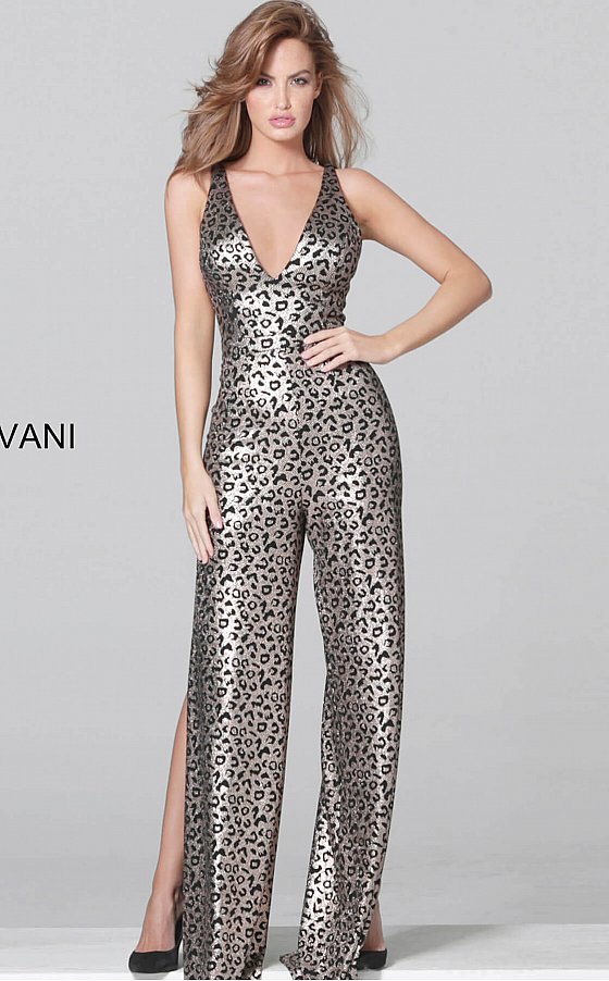Jovani 8112 plunging neckline animal print jumpsuit with side slits on the wide pants legs  Available colors:  Black/Gold  Available sizes:  00-24   