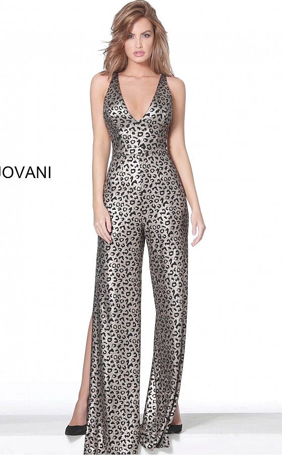 Jovani 8112 plunging neckline animal print jumpsuit with side slits on the wide pants legs  Available colors:  Black/Gold  Available sizes:  00-24   