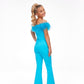 Ashley Lauren Kids 8114 Girls Scuba jumpsuit Pageant off the shoulder Feather Fun Fashion This sassy off the shoulder scuba jumpsuit features feather details on the neckline giving way to flared leg pants. Off Shoulder Feather Details Available Sizes: 2-16 Available Colors: Turquoise, Hot Pink