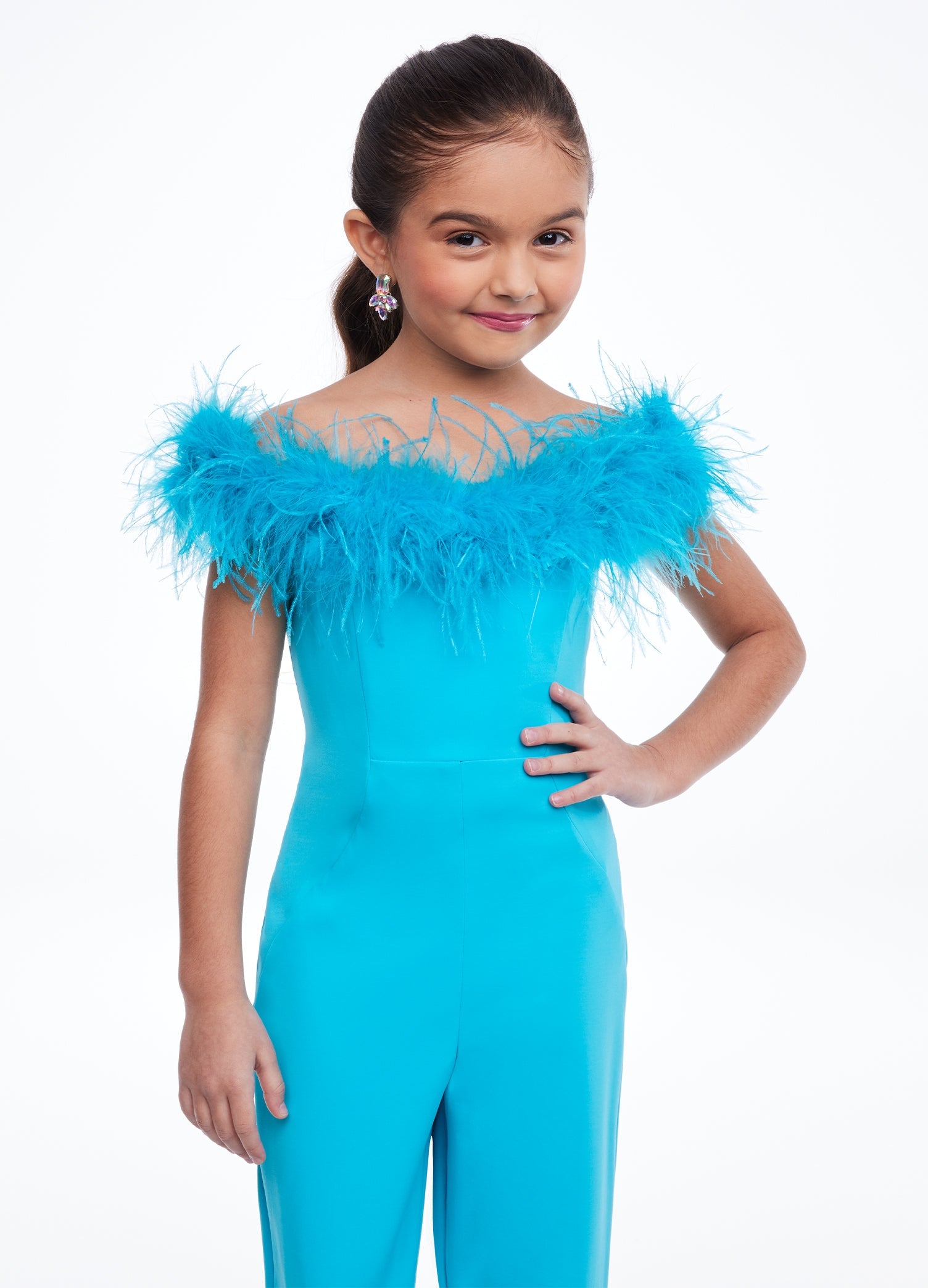 Ashley Lauren Kids 8114 Girls Scuba jumpsuit Pageant off the shoulder Feather Fun Fashion This sassy off the shoulder scuba jumpsuit features feather details on the neckline giving way to flared leg pants. Off Shoulder Feather Details Available Sizes: 2-16 Available Colors: Turquoise, Hot Pink