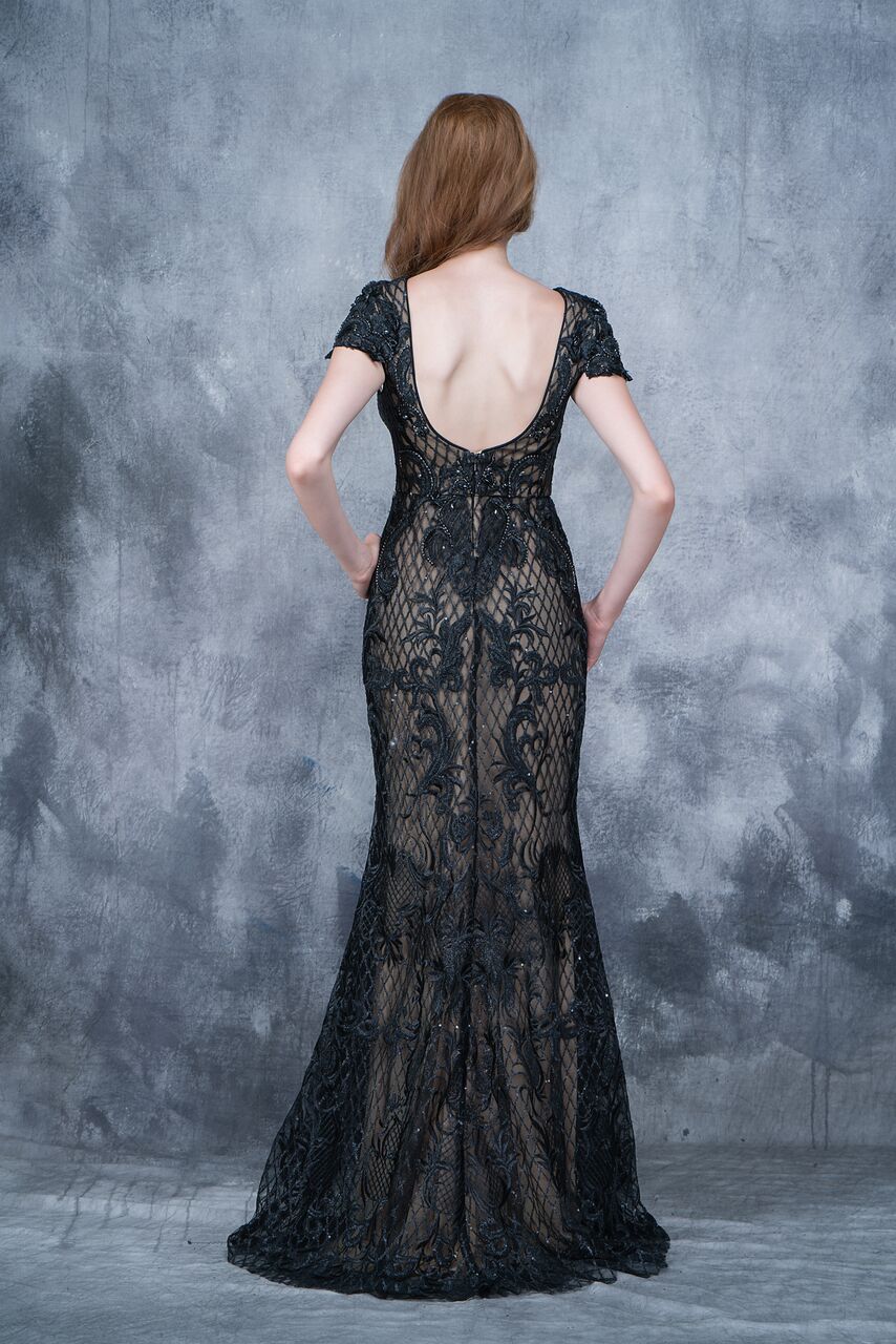 Nina Canacci 8150 Size 16 Black high neckline short lace sleeves long embellished lace dress