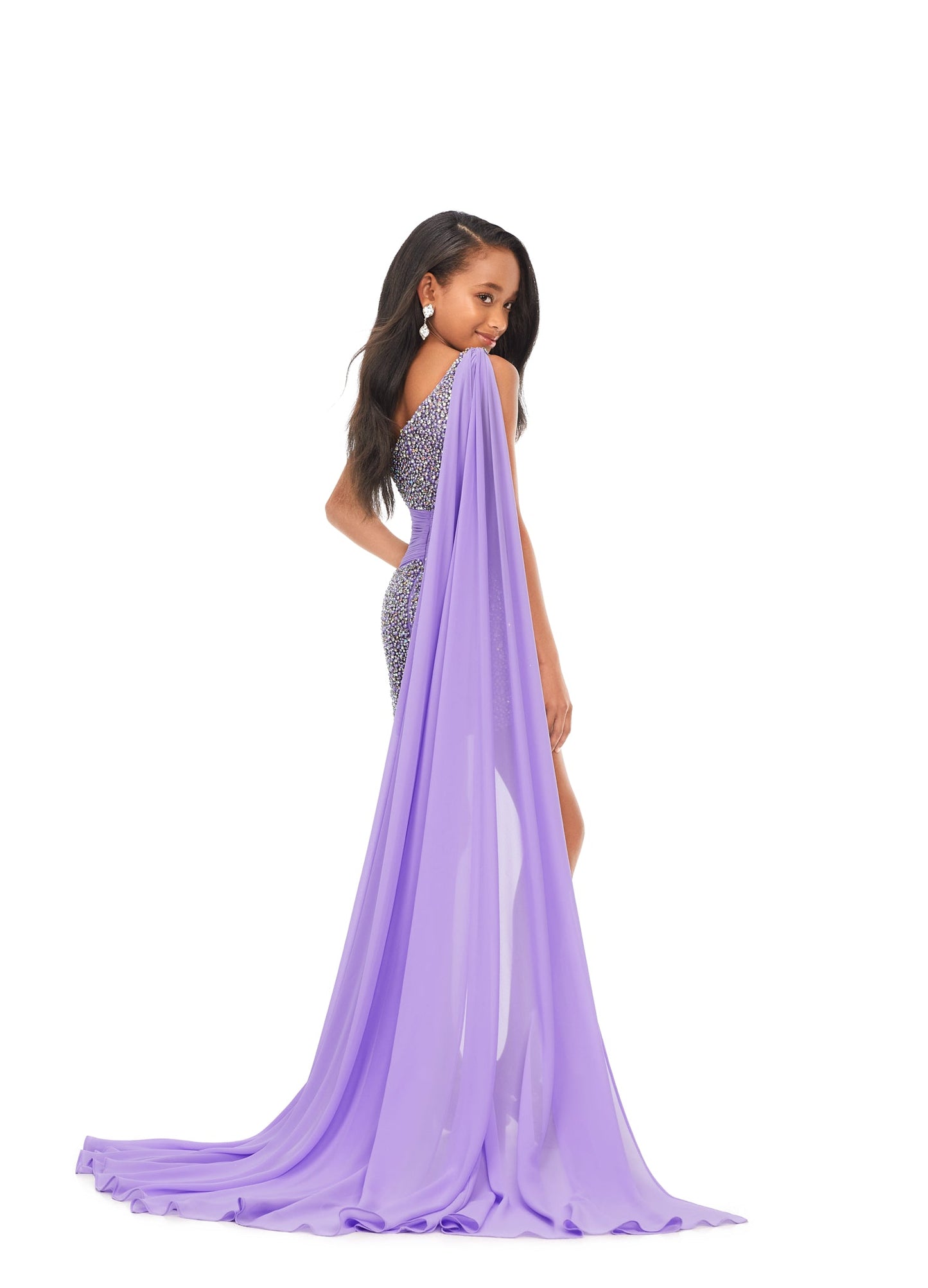 Ashley Lauren Kids 8151 One Shoulder Crystal Beaded Romper Chiffon Cape Pageant Fun Fashion This stunning kids one shoulder romper features pearls and crystals throughout. The look is completed with an attached chiffon shoulder cape. One Shoulder Chiffon Cape Romper COLORS: Orchid, Yellow, Neon Pink, Light Blue Sizes: 2,4,6,8,10,12,14,16