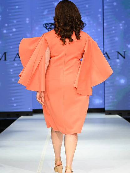 Marc Defang 8157 Size 2, 6 Orange Short Scuba Draped Sleeve Cocktail Interview Pageant Dress Evening Gown