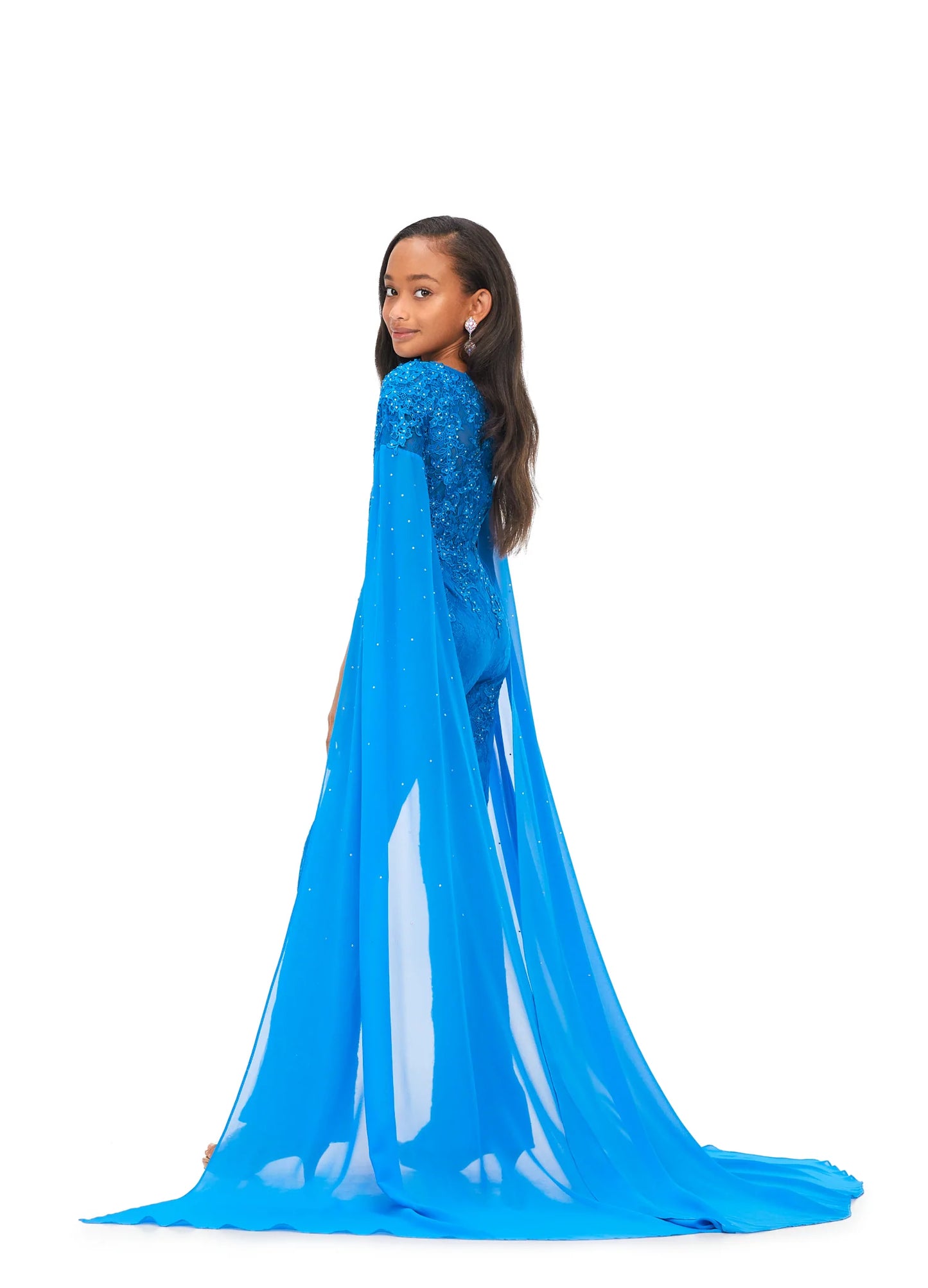 Ashley Lauren Kids 8162 Lace Girls Cape Sleeve Jumpsuit Formal Fun Fashion V Neck Chiffon This jumpsuit is bringing all the drama. It features a v-neckline, lace embroidery and dramatic cape sleeves perfect for your next fun fashion or runway. V-Neckline Embroidery Cape Sleeves Jumpsuit