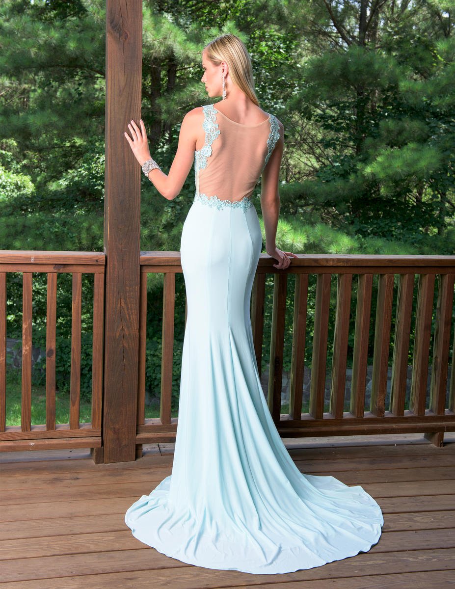 Vienna Prom 8163 Size 10 Aqua Fitted prom Dress Formal Backless Gown stretchy