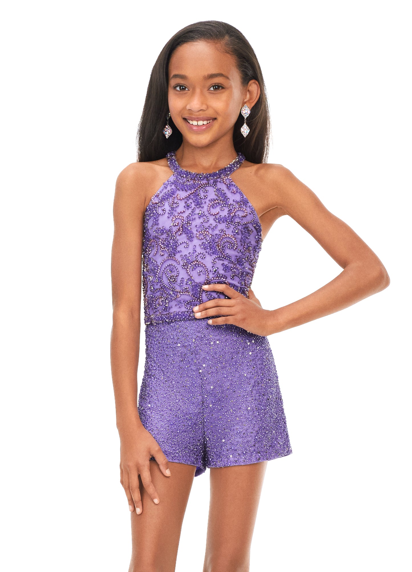 Ashley Lauren Kids 8187 Kids Beaded Halter Romper  This super fun kids halter style romper with ornately beaded bodice gives way to beaded shorts.