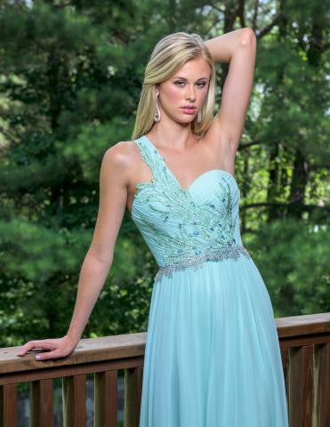 Vienna 8189 Aqua Size 2 Prom Dress Pageant Gown One Shoulder Chiffon Crystal