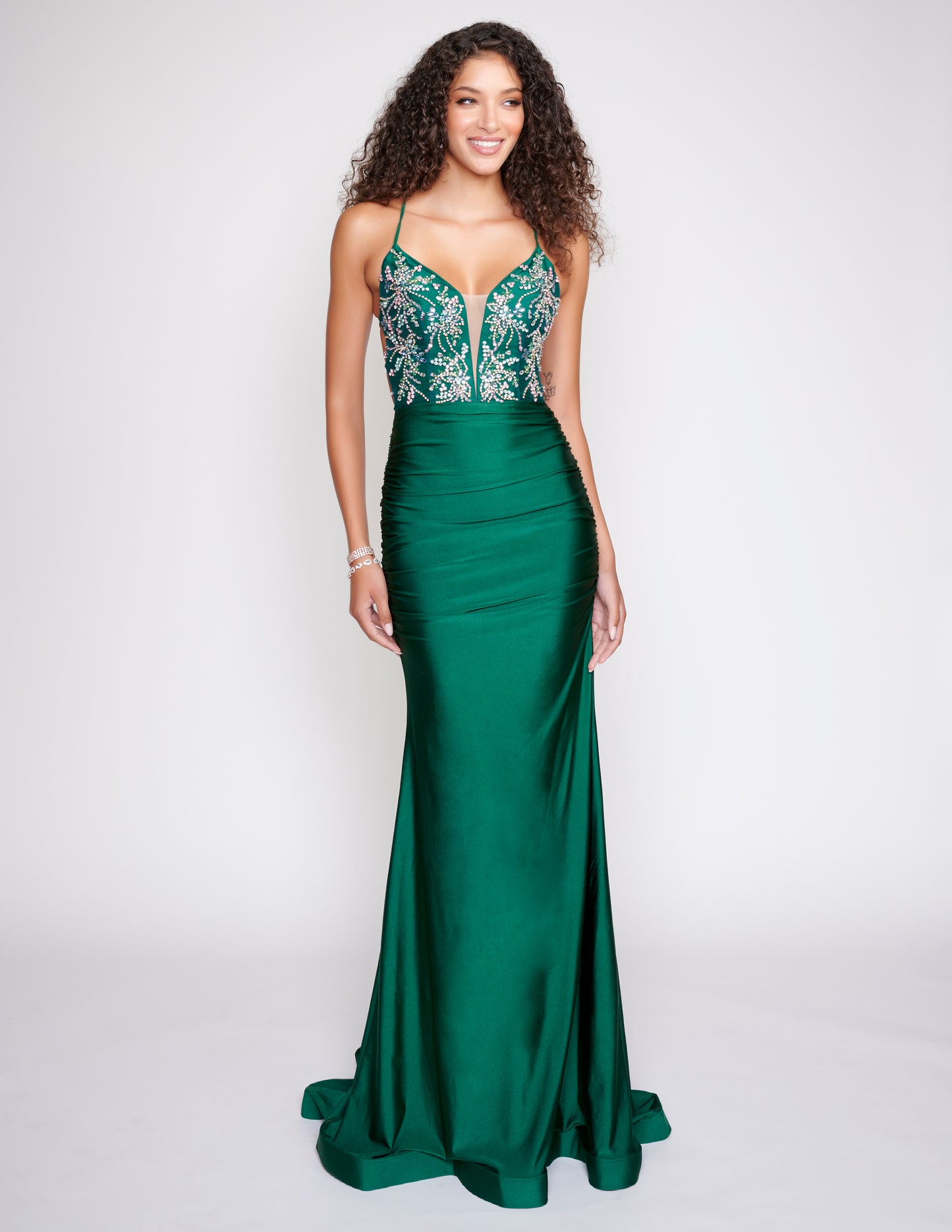 Nina Canacci 8207 Crystal Embellished Top Prom Dress with ruched fitted long skirt and backless corset