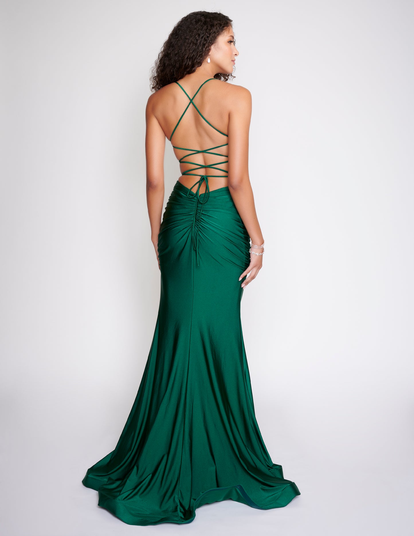 Nina Canacci 8207 Crystal Embellished Top Prom Dress with ruched fitted long skirt and backless corset