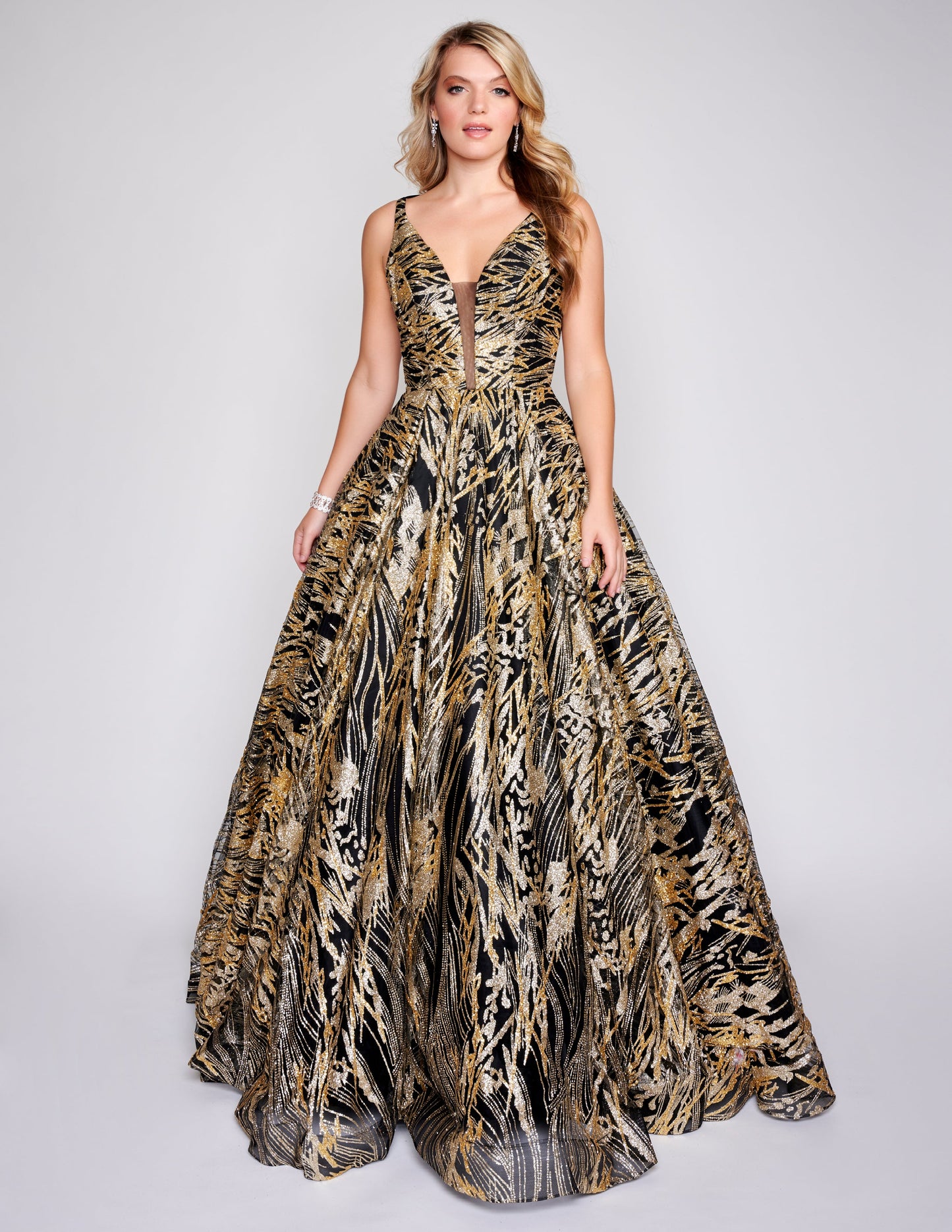 Nina Canacci 8209 Shimmer Print Ballgown Prom Dress backless with corset V neckline sheer panel