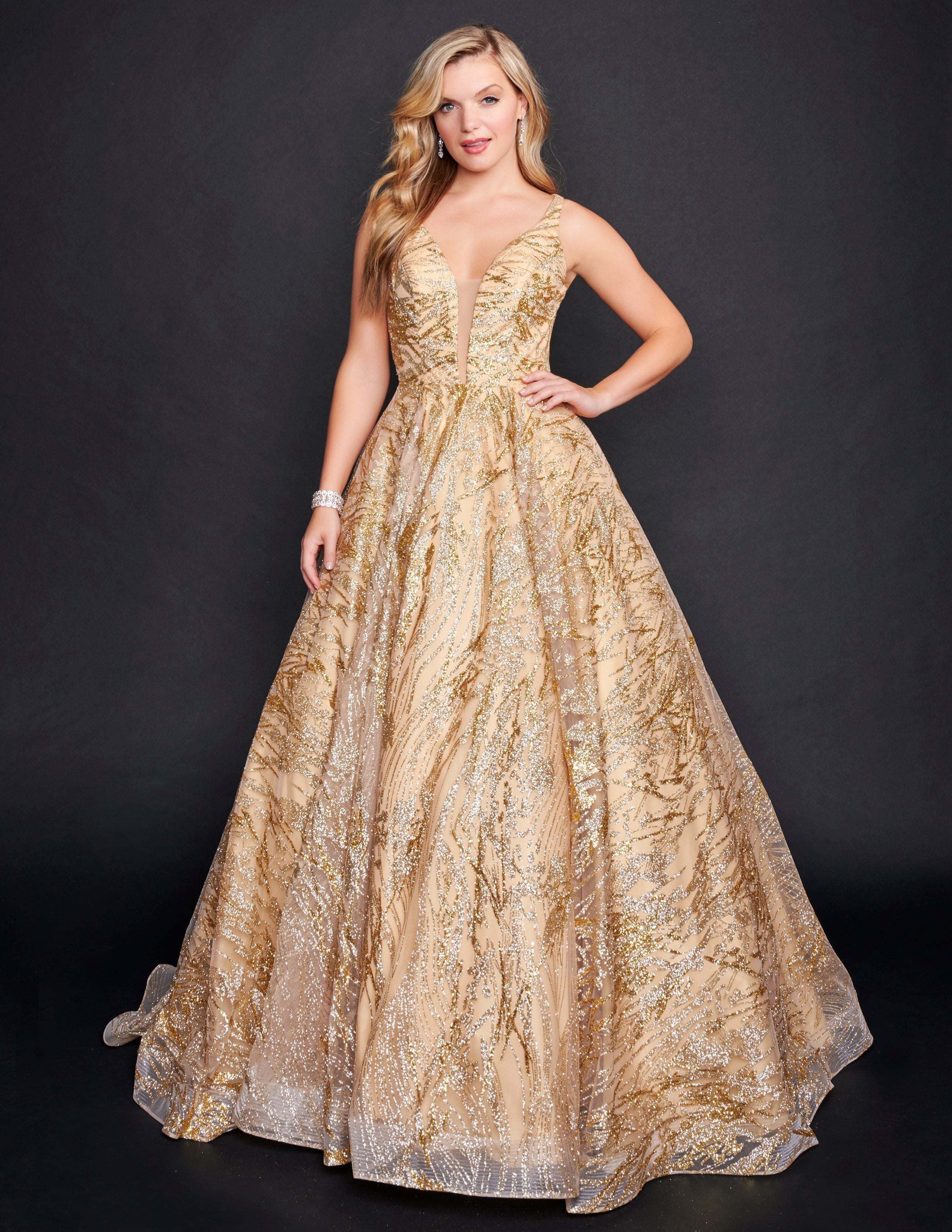 CD C32 - Glitter & Lace A-Line Prom Gown with V-Neck Sheer Side Panels –  Diggz Formals