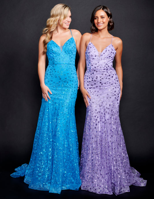 Nina Canacci 8210 Fit and Flare Glitter Lace Prom Dress V Neckline Corset Back