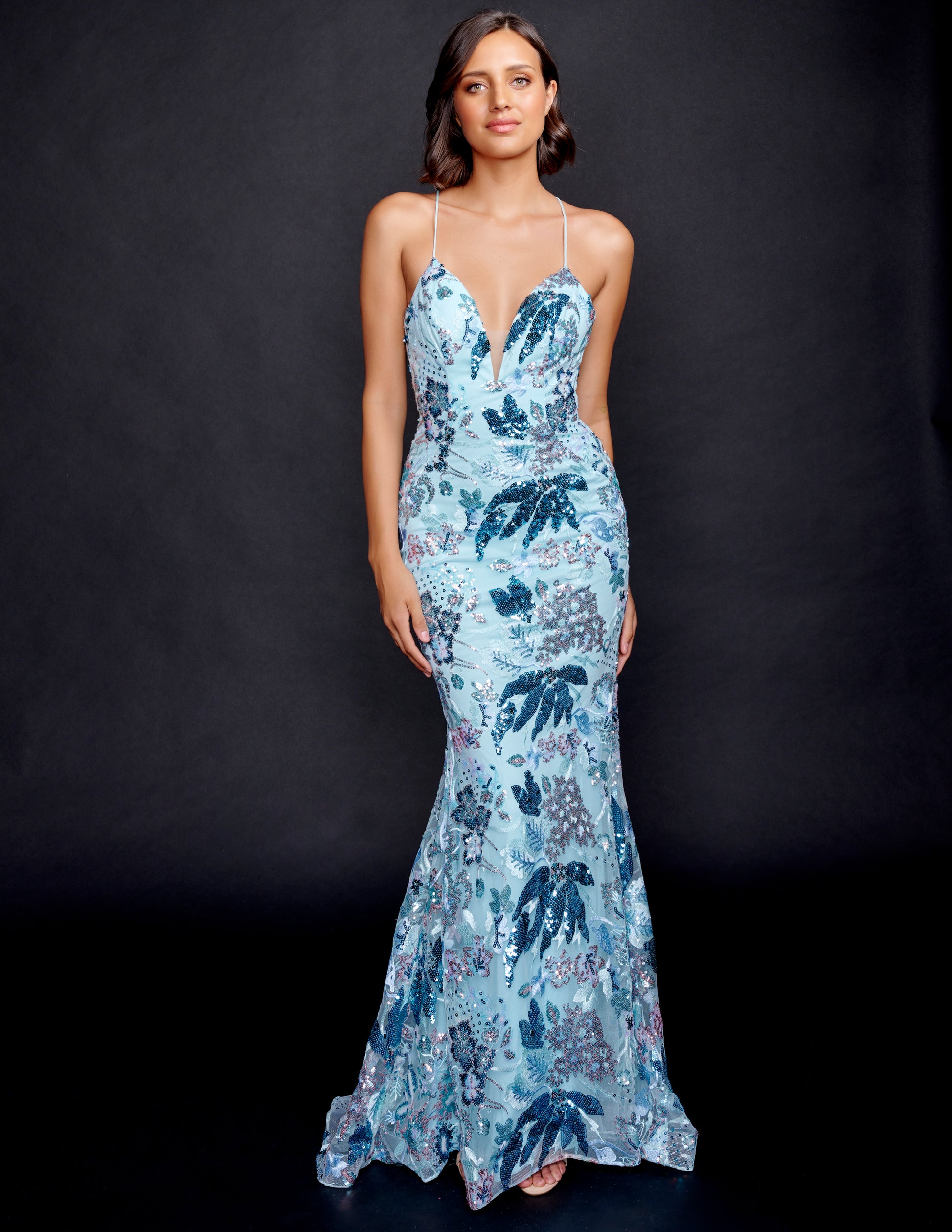 Nina Canacci 8211 Blue Multi Prom Dress with embroidery lace and sequins print evening gown V neckline corset backless style