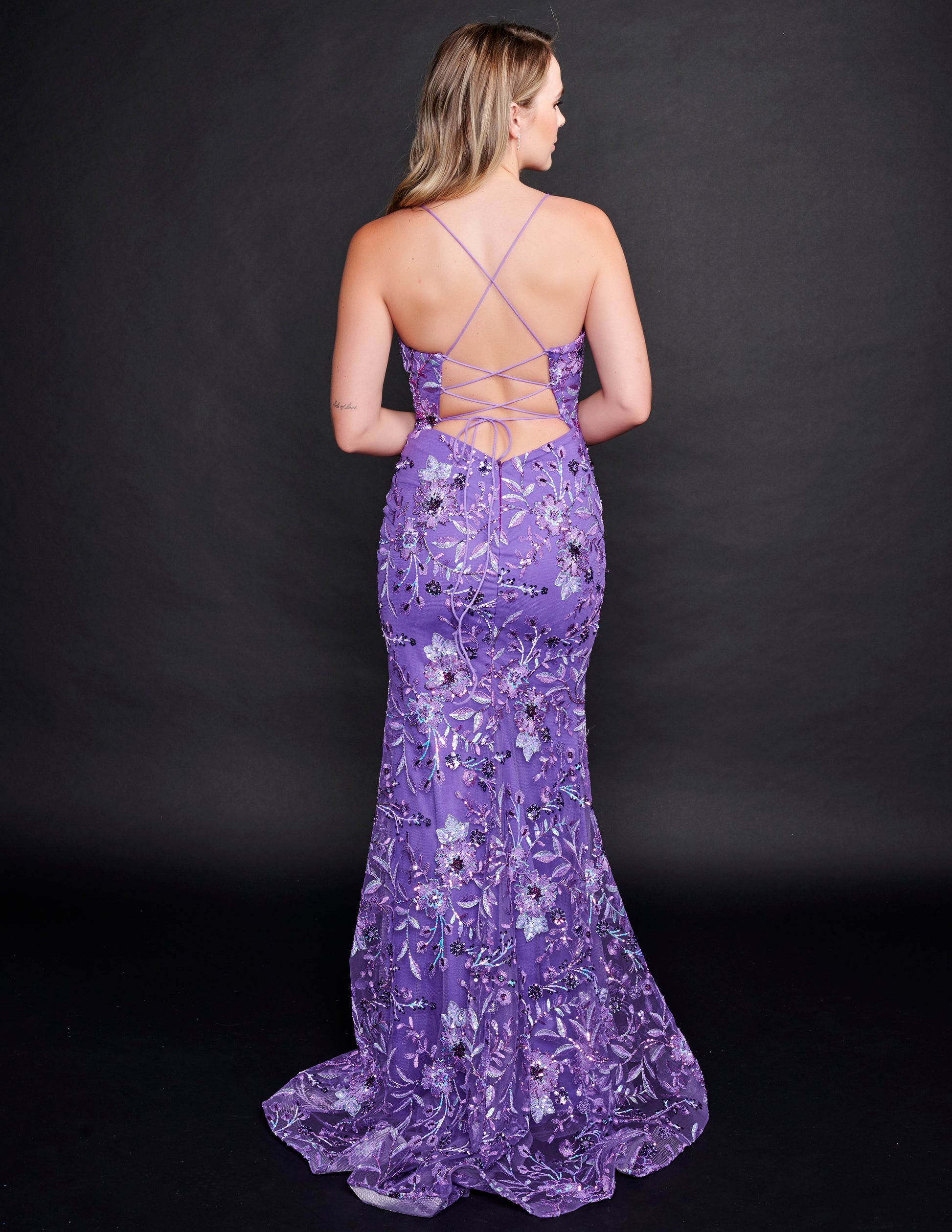 Nina Canacci 8212 Purple Prom Dress with embroidery lace and sequins print evening gown V neckline corset backless style