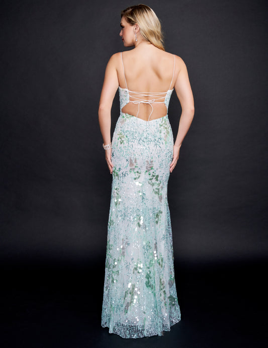 Nina Canacci 8213 Mint Sequined Prom Dress with V neckline and corset back