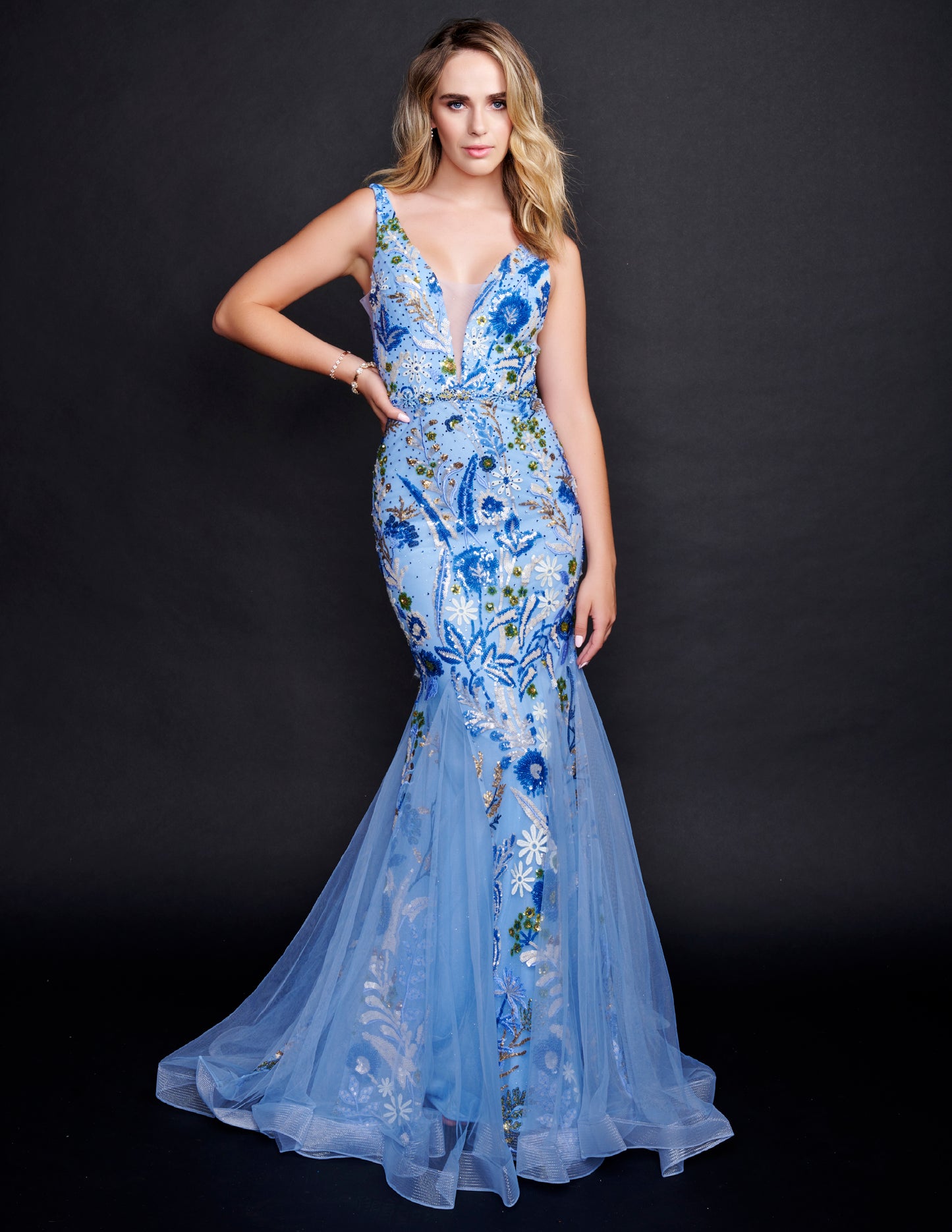 Nina Canacci 8215 Blue Floral Sequins Print Prom Dress with V neckline mermaid skirt with tulle godets and backless