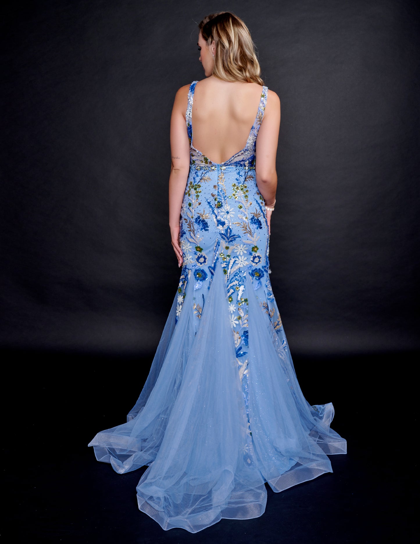 Nina Canacci 8215 Blue Floral Sequins Print Prom Dress with V neckline mermaid skirt with tulle godets and backless