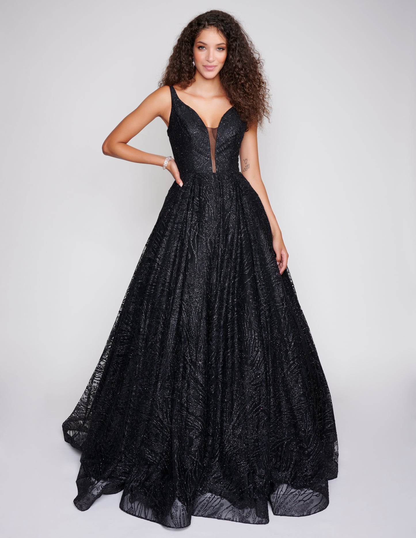 Nina Canacci 8220 Black Shimmer Ballgown with backless corset design and v neckline