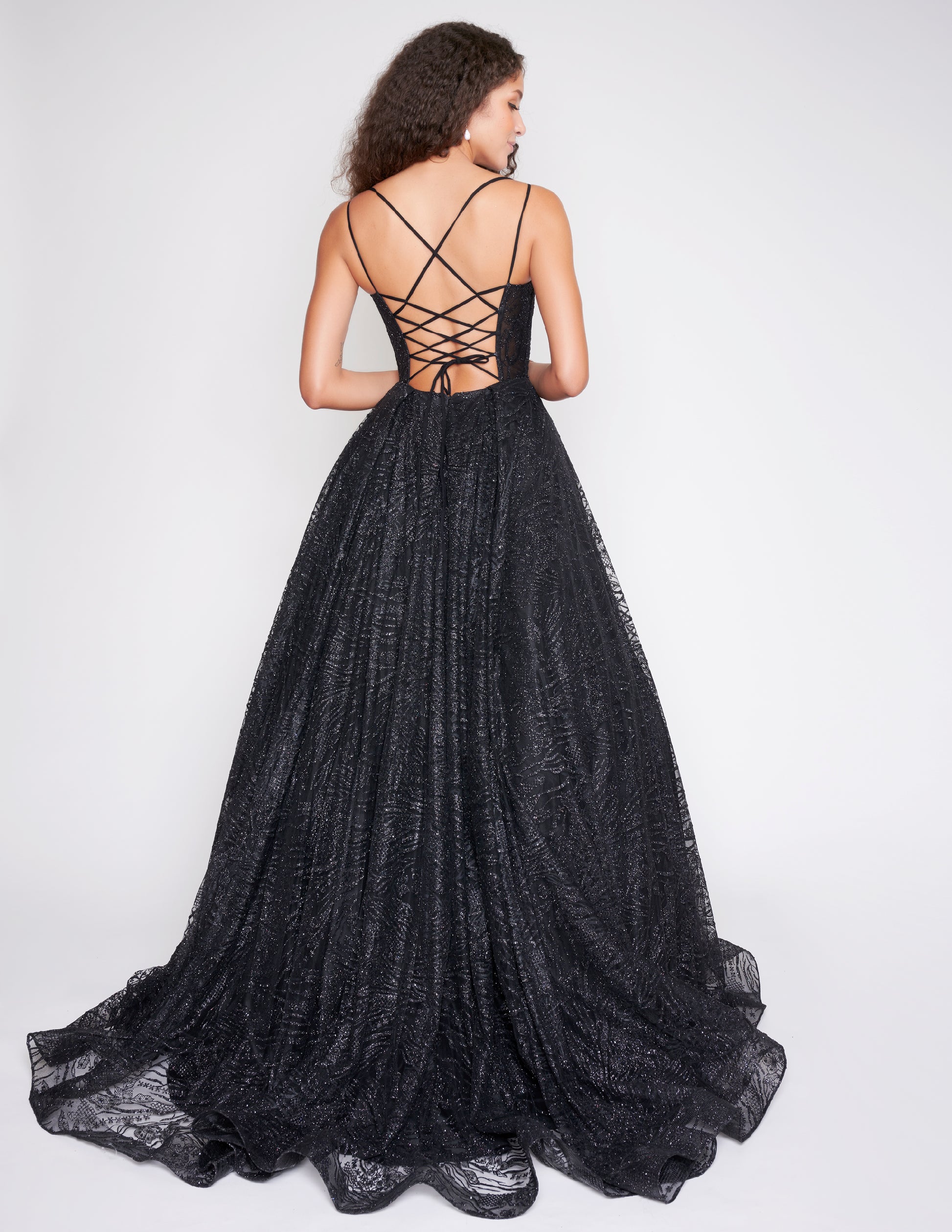 Nina Canacci 8220 Black Shimmer Ballgown with backless corset design and v neckline