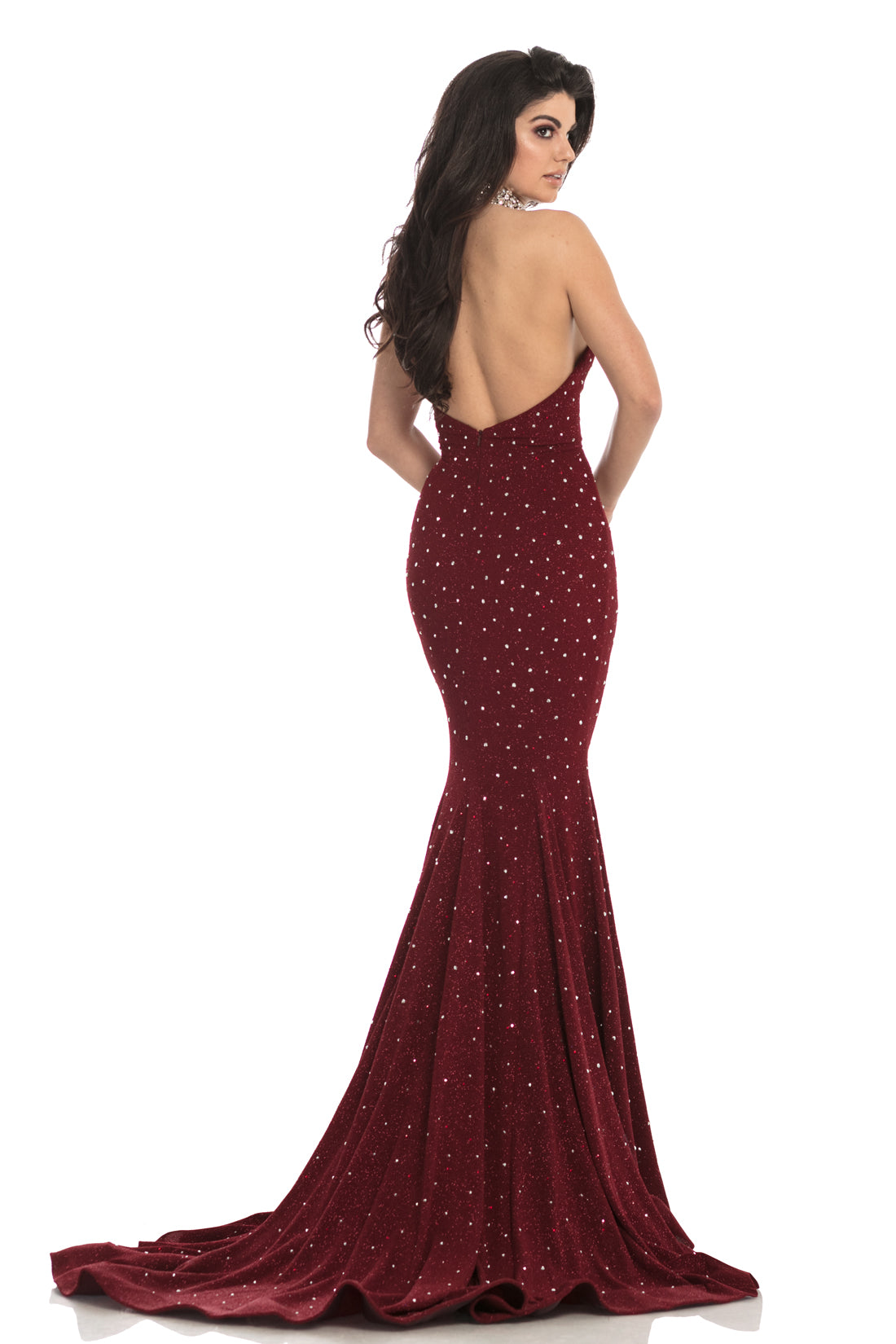 Johnathan Kayne 8235 is a choker neckline Prom Dress, Pageant Gown & formal evening Wear. CONVERTIBLE NECKLINE!  Red carpet glam, this choker neckline is encrusted with hand beaded crystals and stones rain down the silhouette of this glitter stretch knit halter mermaid gown. The neckline features an invisible zipper that allows you to choose a neckline.
