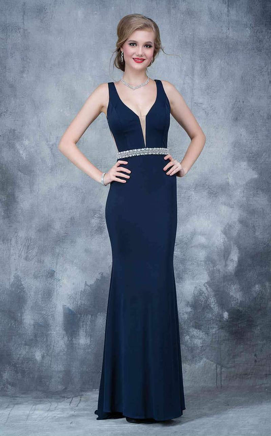 Nina Canacci 2124 This is a fitted plunging neckline with illusion panel prom dress.  This evening gown is long and illusion panels under the arms and an embellished belt. Color Navy  Size 4