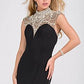 JVN47786 This is a black stretch jersey mermaid evening gown that features a scalloped jeweled sheer neckline and open back. Prom Dress 
