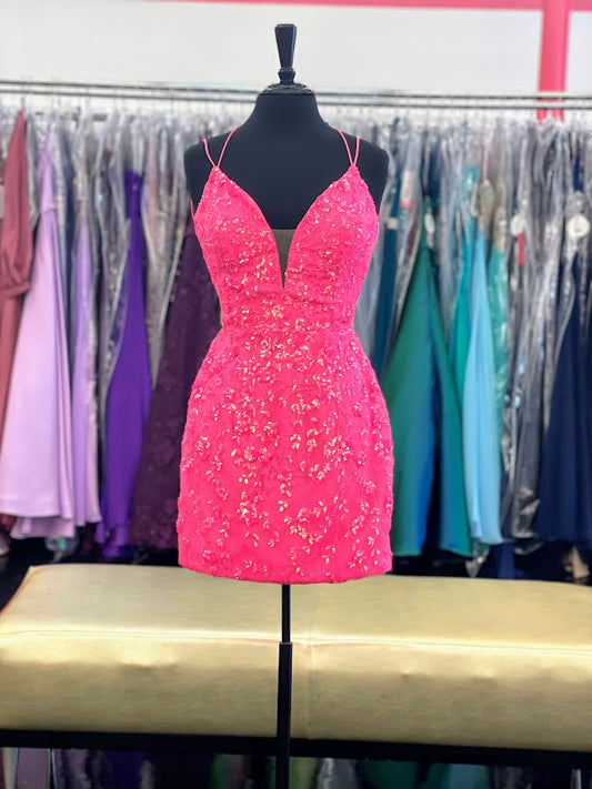 Amarra 87129 Short Fitted Lace Gown with Sequin Embellishments. This Backless Cocktail Dress Features a lace up tie Corset V neckline with mesh insert. Neon Pink sz 0, 6, 12  Available Sizes: 0, 6, 12  Available Colors: Neon Pink