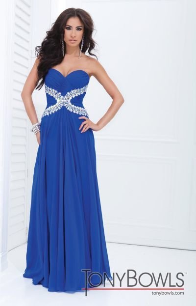 Tony Bowls 11412 Available in Royal Blue size 0   ﻿Stunning Long Chiffon Prom Dress with crystal accents along the waist leading to a flowing skirt. Makes an excellent pageant gown. 