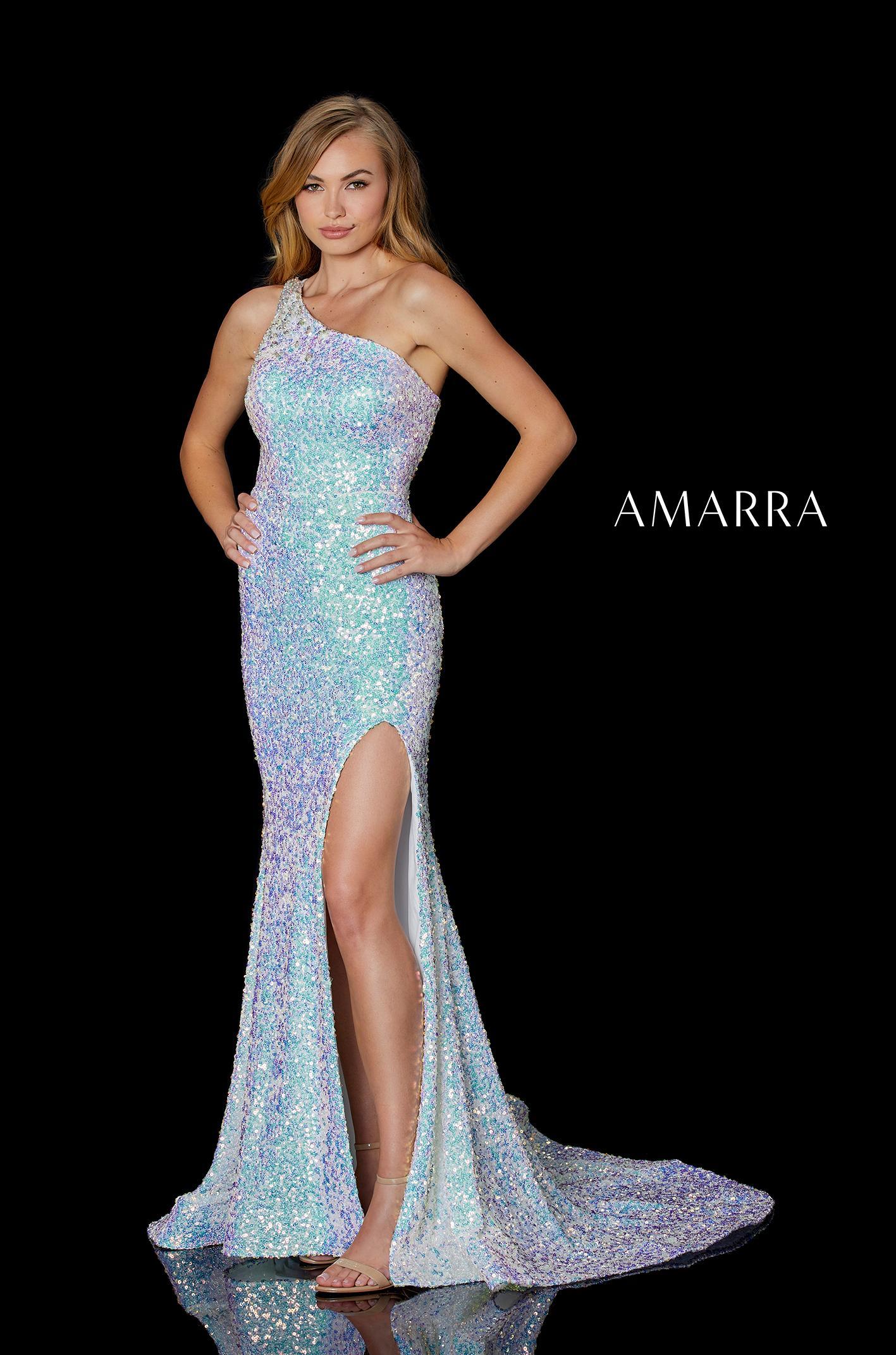 Amarra 87241 One Shoulder Sequin High Slit Open Corset Back Prom Dress Pageant Fitted one shoulder sequin gown featuring crystal beading on the straps, high leg slit, cut-out criss-cross back, and a sweep train.  Available Sizes: 00-16  Available Colors: Cotton Candy, Soft Pink