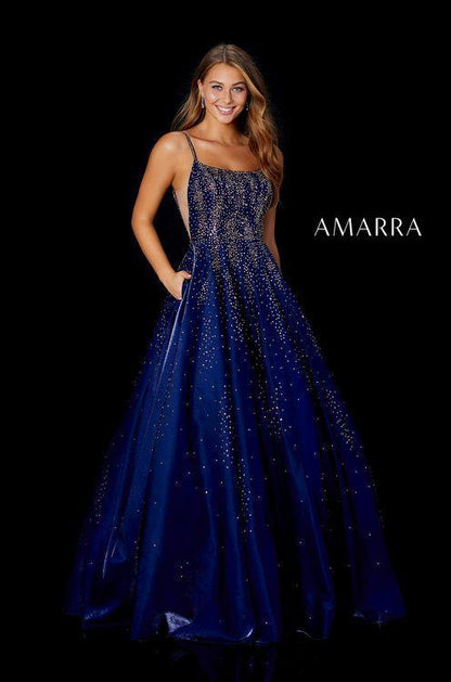 Amarra 87292 Long Shimmer Embellished A Line Corset Prom Dress Stars Formal   AMARRA 87292 is a breath-taking combination of our two favorite things: satin and rhinestones. This ball gown has a satiny shine with rhinestones that cascade down to the bottom and gradually disappear.