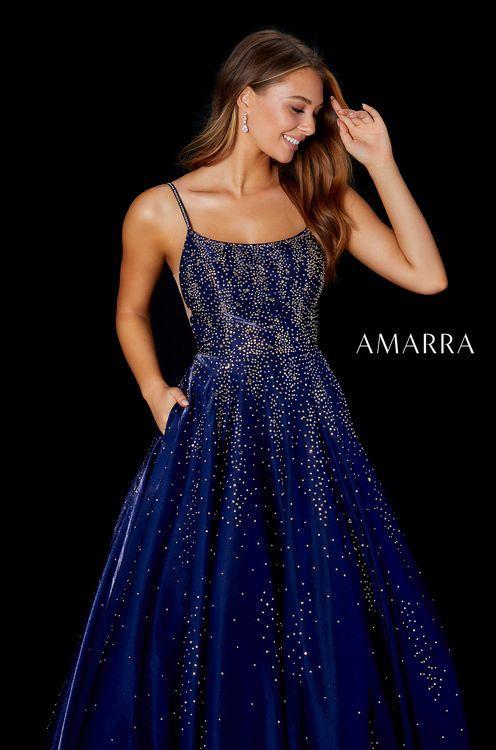 Amarra 87292 Long Shimmer Embellished A Line Corset Prom Dress Stars Formal   AMARRA 87292 is a breath-taking combination of our two favorite things: satin and rhinestones. This ball gown has a satiny shine with rhinestones that cascade down to the bottom and gradually disappear.