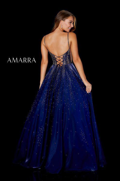 Amarra 87292 Long Shimmer Embellished A Line Corset Prom Dress Stars Formal   AMARRA 87292 is a breath-taking combination of our two favorite things: satin and rhinestones. This ball gown has a satiny shine with rhinestones that cascade down to the bottom and gradually disappear.