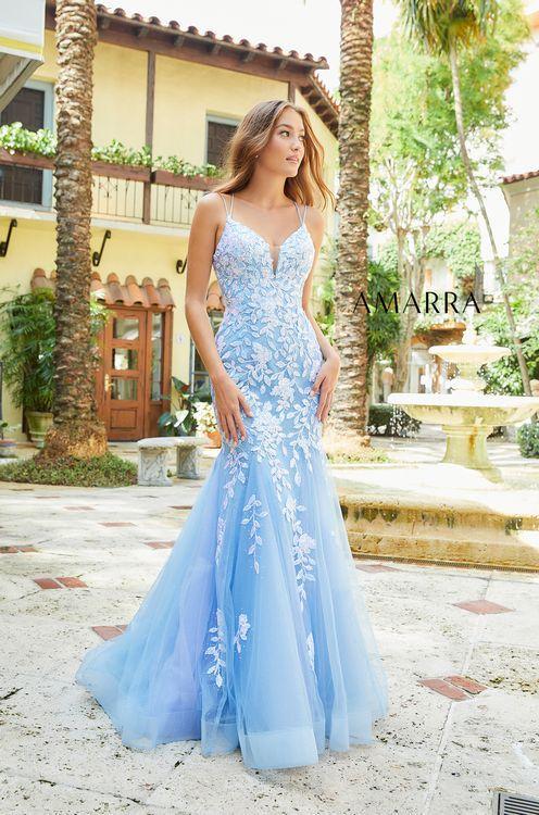 Amarra 87317 Long Embellished Lace Mermaid Prom Dress Backless Formal Gown  Available Sizes: 00-16  Available Colors: Light Blue, Emerald