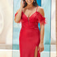 Amarra 88558 Long Shimmer Sheer Lace Feather off the shoulder prom dress Pageant Gown Slit. Flirty, feminine, and elegant, AMARRA 88558 is perfect for an unforgettable prom look. This breathtaking gown has a plunging V neckline, off-the-shoulder straps, and a lace-up back with a ruched design, creating a sexy vibe while still being modest.