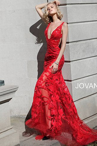 Jovani 60283 size 10 Red Prom Dress sequin floral Lace sheer formal evening gown plunging neckline mermaid Jovani 60283 size 10 Red Prom Dress sequin floral Lace sheer formal evening gown plunging neckline mermaid