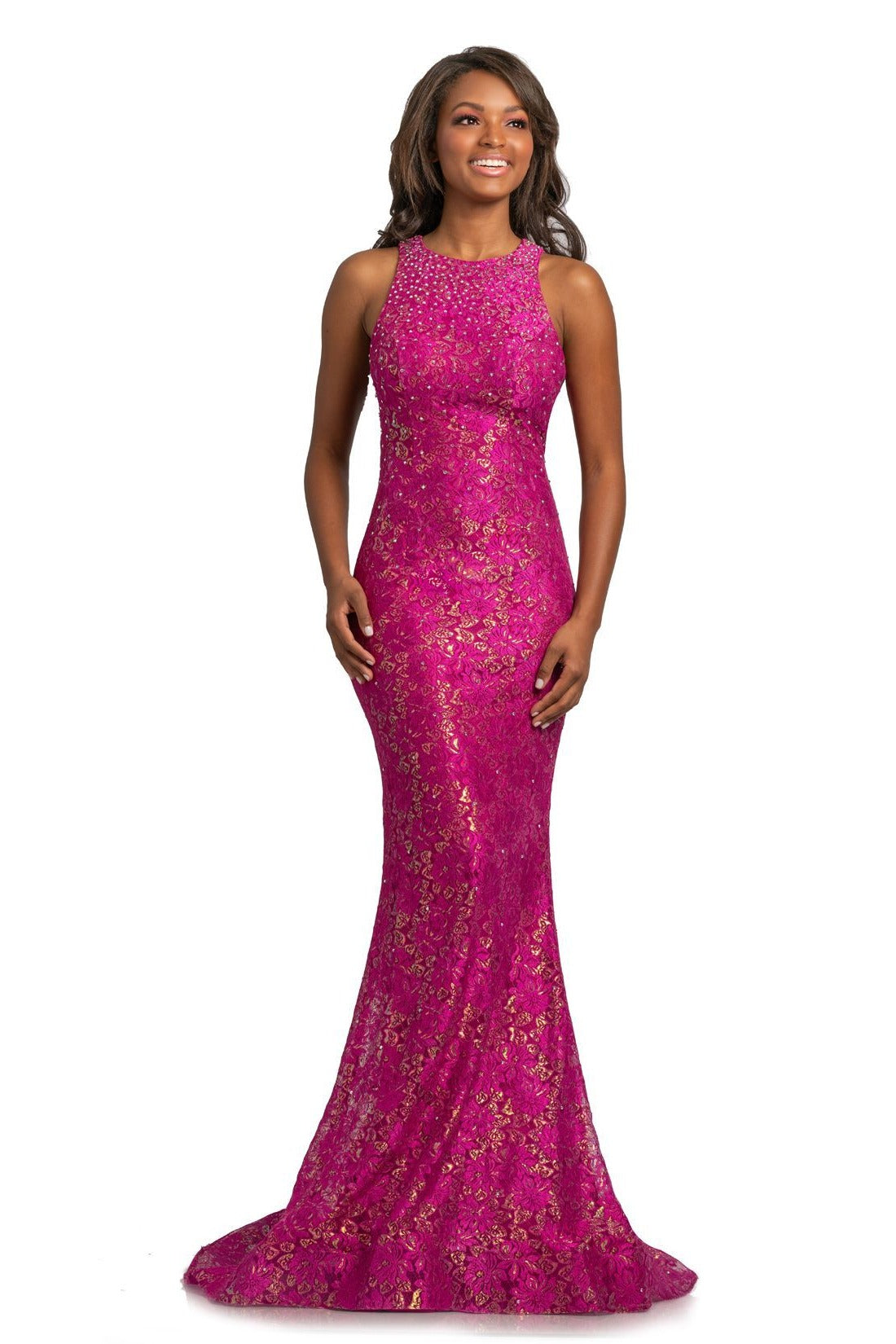 Johnathan Kayne 2036 is a long lace Prom Dress, Pageant Gown & Formal Evening Wear. This Long Fitted Gown Features Iridescent Metallic Shimmer Lace along the entire dress. Featuring a high neckline and beautiful Open Cutout back. Embellished with scattered crystals along the bodice. Subtle Fit & Flare Silhouette with a stage worthy sweeping train!