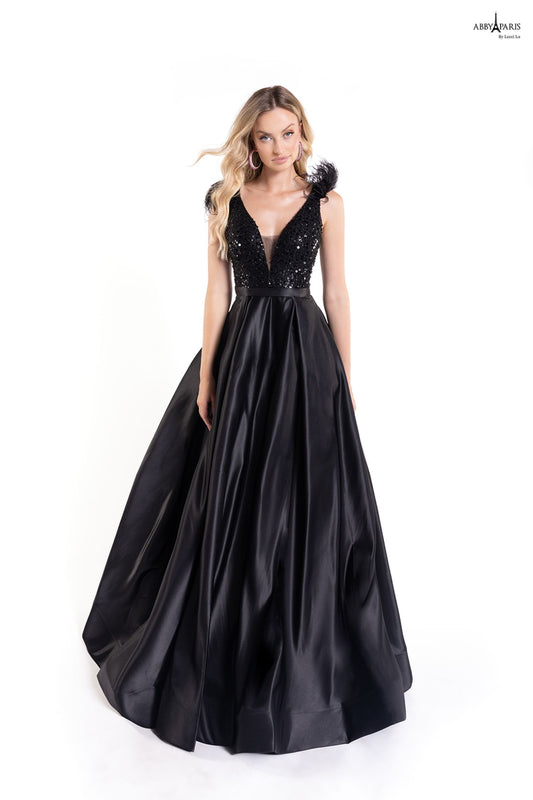 Lucci Lu 90178 Long Feather A Line Ballgown Prom Dress V Neck Formal Gown with beaded & sequin Bodice  Sizes: 0 2 4 6 8 10 12 14 18 20 24  Colors: Black, Burgundy