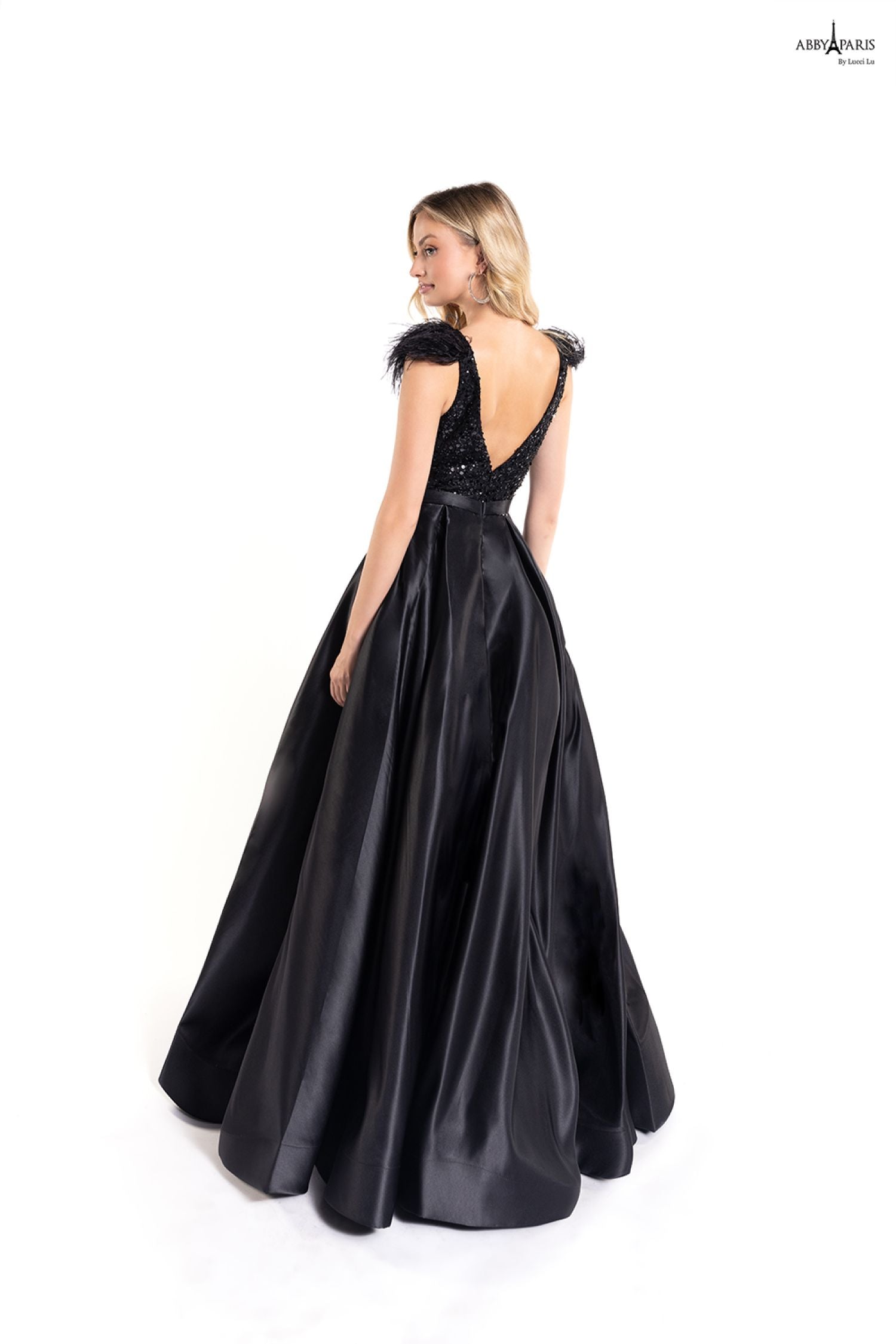 Lucci Lu 90178 Long Feather A Line Ballgown Prom Dress V Neck Formal Gown with beaded & sequin Bodice  Sizes: 0 2 4 6 8 10 12 14 18 20 24  Colors: Black, Burgundy
