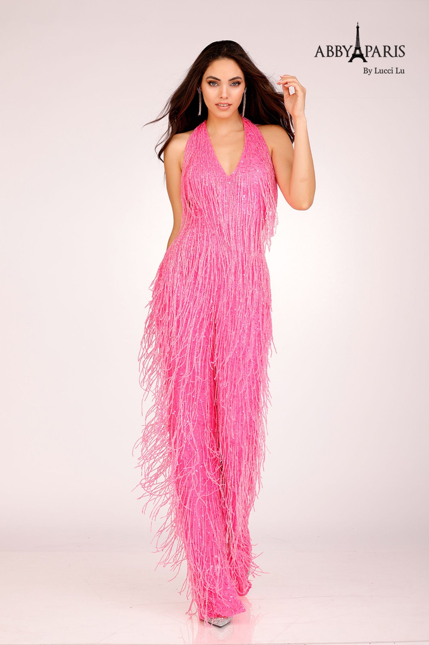 Lucci Lu 92107 Long Beaded Fringe Halter Jumpsuit Prom Pageant Formal Fun Fashion V Neck Open Back  Sizes: 0-14  Colors: Fuchsia, Orange, Red
