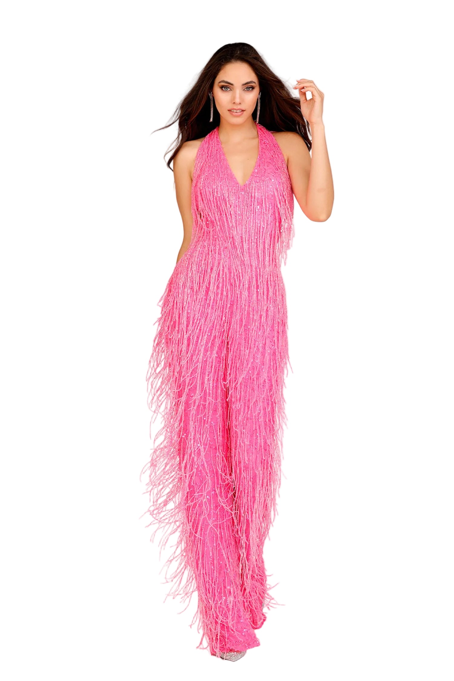 Lucci Lu 92107 Size 6 Fuchsia Fringe Jumpsuit Prom Pageant – Glass Slipper Formals