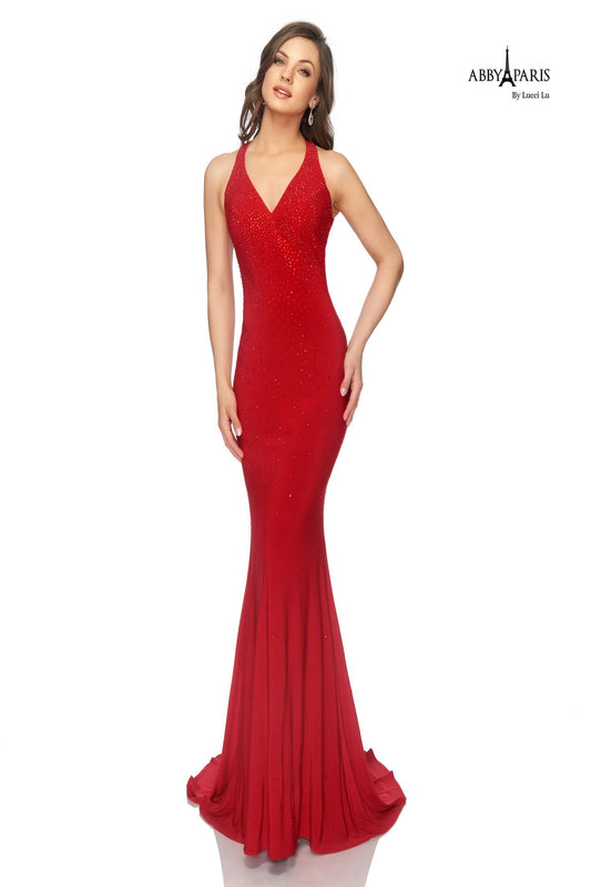 Abby Paris 981010 Size 10 Hot Red Long Fitted Prom Dress Jersey Formal Gown   Available Size: 10  Available Color: Hot Red