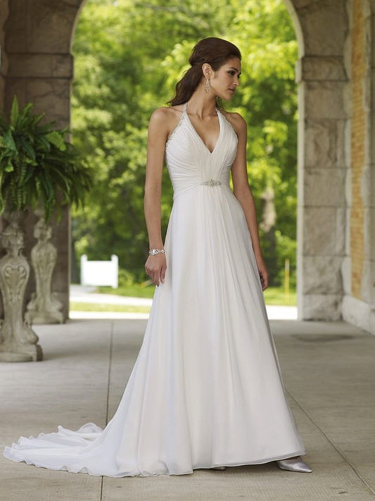 Mon Cheri Bridal Greek Goddess Plus Size A Line V Neck Halter Bridal Gown Wedding Dresses In Stock Glass Slipper Formals