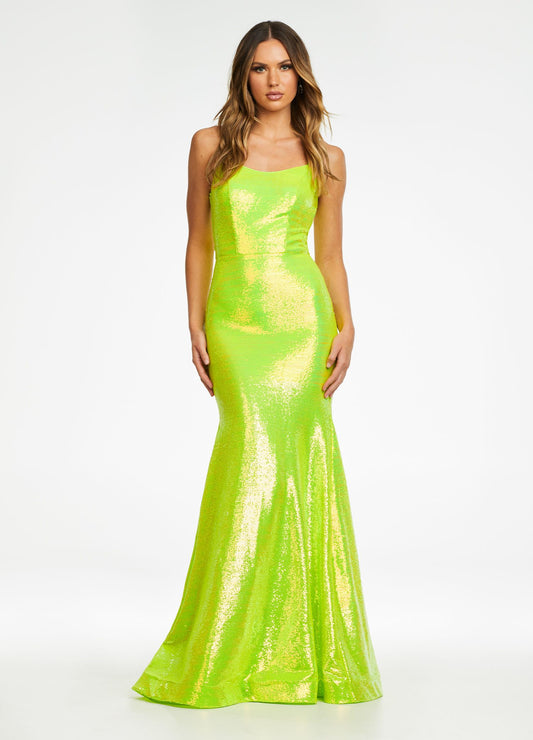 Ashley Lauren 11024 Size 2 Neon Green Fully Sequin Prom Dress with Lace Up Back Pageant Gown