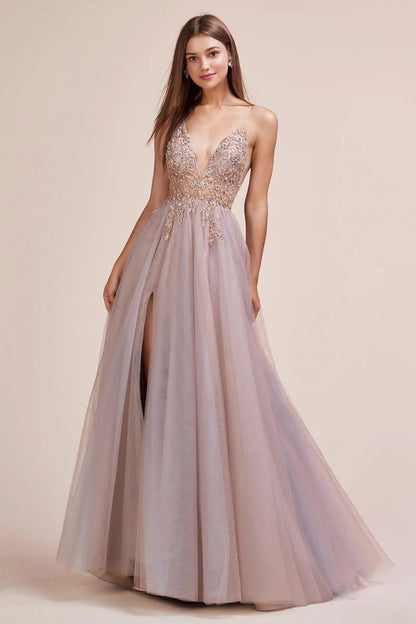 Andrea & Leo OPHELIA A0672 Long Shimmer Maxi Slit Sheer Formal Dress A Line Beaded Sexy, light, and ethereal, this gown has been a go-to gown for a wearer looking for something special but effortless. Floral beading falls flatteringly in sexy V-front and flares weightlessly at the tulle skirt with a leg slit. Double maxi slit skirt with multi collor tulle layers. Sheer V neckline with hand beaded accents.