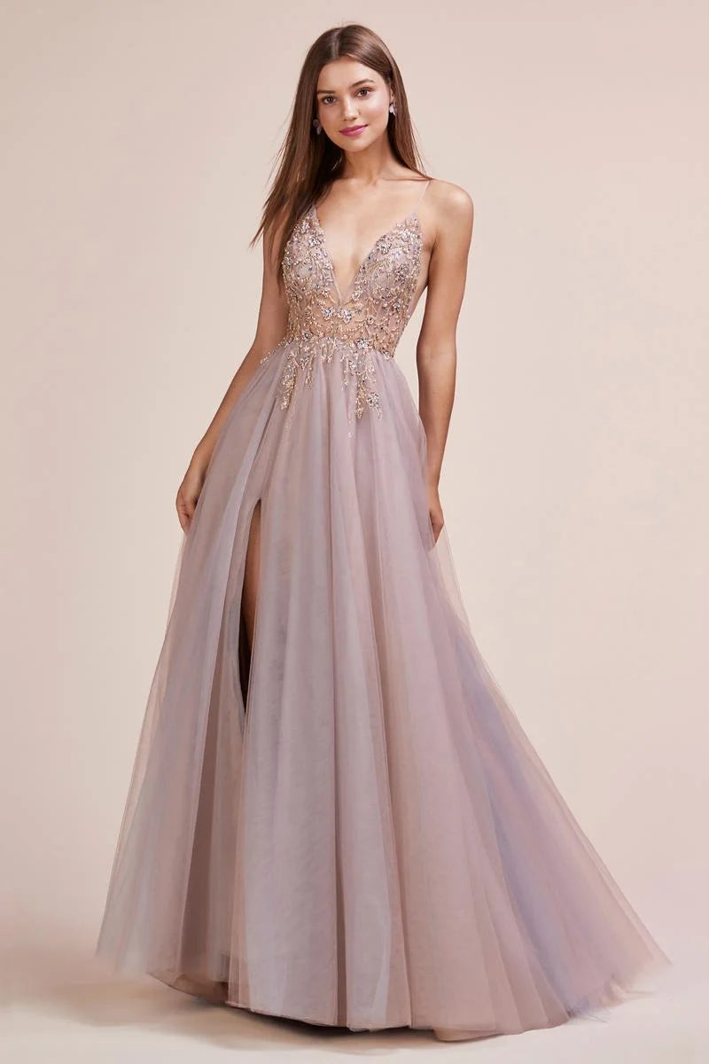 Andrea & Leo OPHELIA A0672 Long Shimmer Maxi Slit Sheer Formal Dress A Line Beaded Sexy, light, and ethereal, this gown has been a go-to gown for a wearer looking for something special but effortless. Floral beading falls flatteringly in sexy V-front and flares weightlessly at the tulle skirt with a leg slit. Double maxi slit skirt with multi collor tulle layers. Sheer V neckline with hand beaded accents.