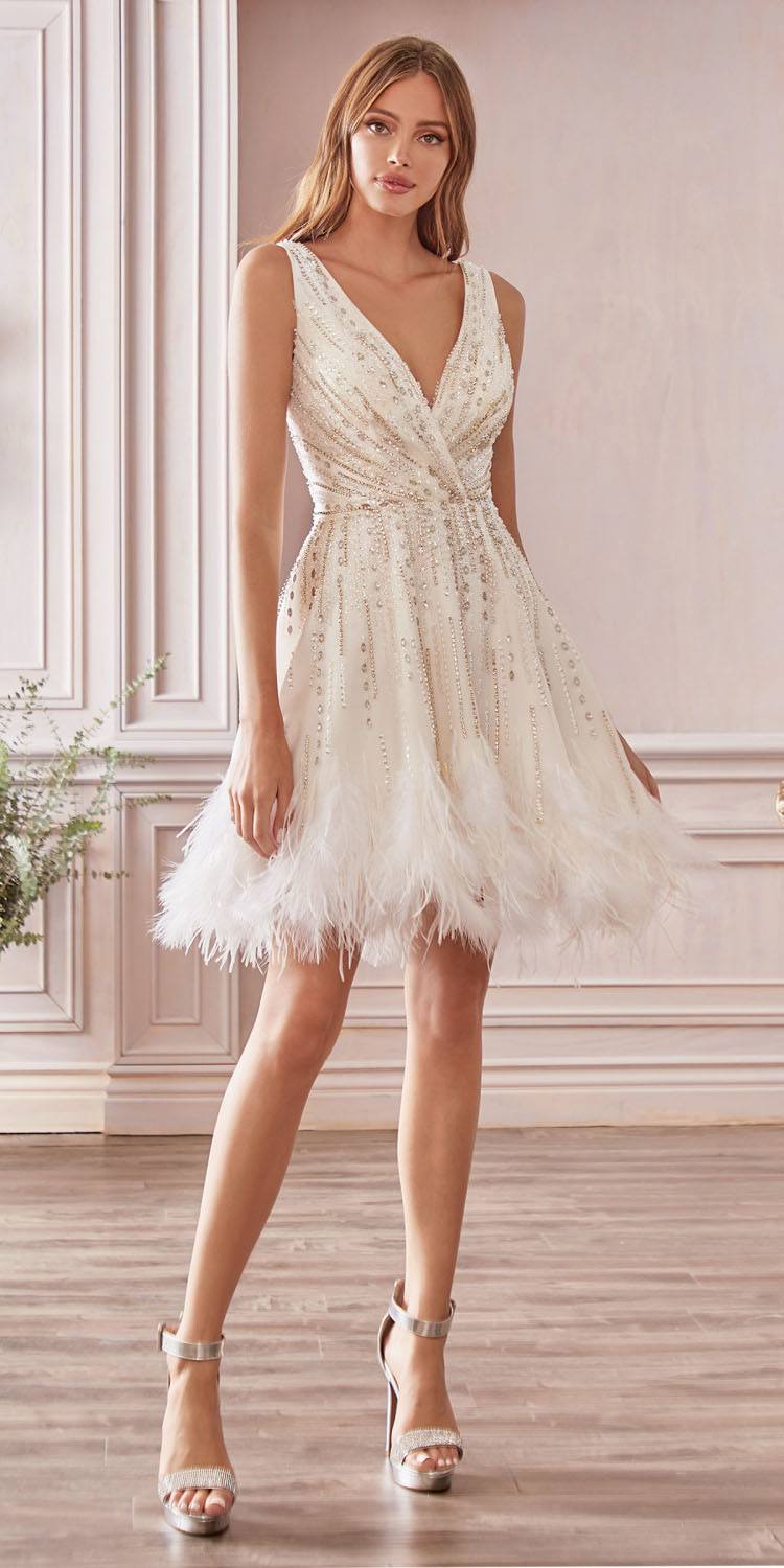 Andrea & Leo Couture A1012 Wren Dress Short Beaded Feather Cocktail Dress Formal Gown 16 / White Andrea & Leo Couture A1012 Wren Dress Short Beaded Feather Cocktail Dress Formal Gown 16 / White