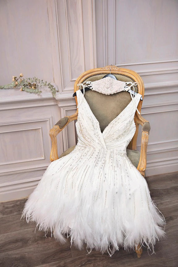 short feathered wedding dress Short Wedding Dress For Elopement or Bridal After Party - Feathers Dress With & 3D Flowers For Vow Renewal