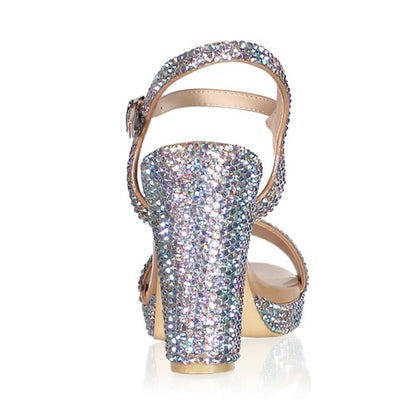 Marc Defang AB CRYSTALS SINGLE STRAP 4" BLOCK HEELS Pageant Prom Shoe  DESCRIPTION 4" Block heels, 1" Platforms AB Crystals handcrafted Perfect pre-teen and Teen heels!  Single strap at the toe Quick hook-on buckle for easy changing Light weight, performs amazingly well on stage and runway. Medium Width, run true to size. Available Sizes: 5, 5.5, 6, 6.5, 7, 7.5, 8, 8.5, 9, 9.5, 10, 11