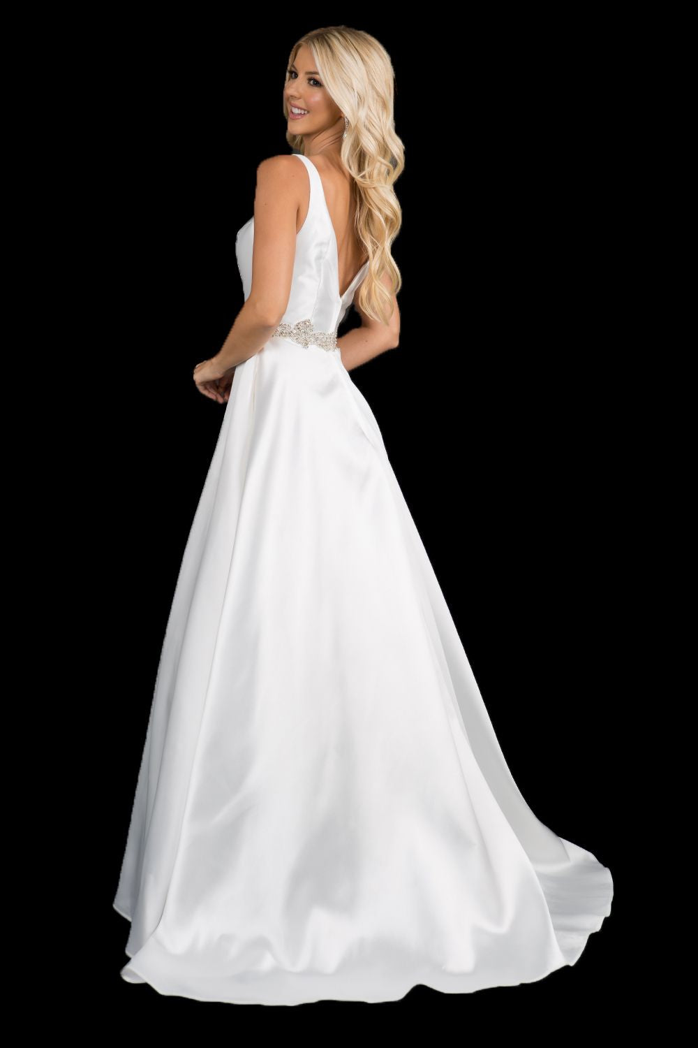 Nina Canacci 2297 plunging neckline A line prom dress formal evening gown with an embellished waistline. Perfect for a wedding dress in Ivory.   Color: Ivory, Emerald, Royal  Sizes:  8,10,12,14,16, 18, 20, 22, 24 