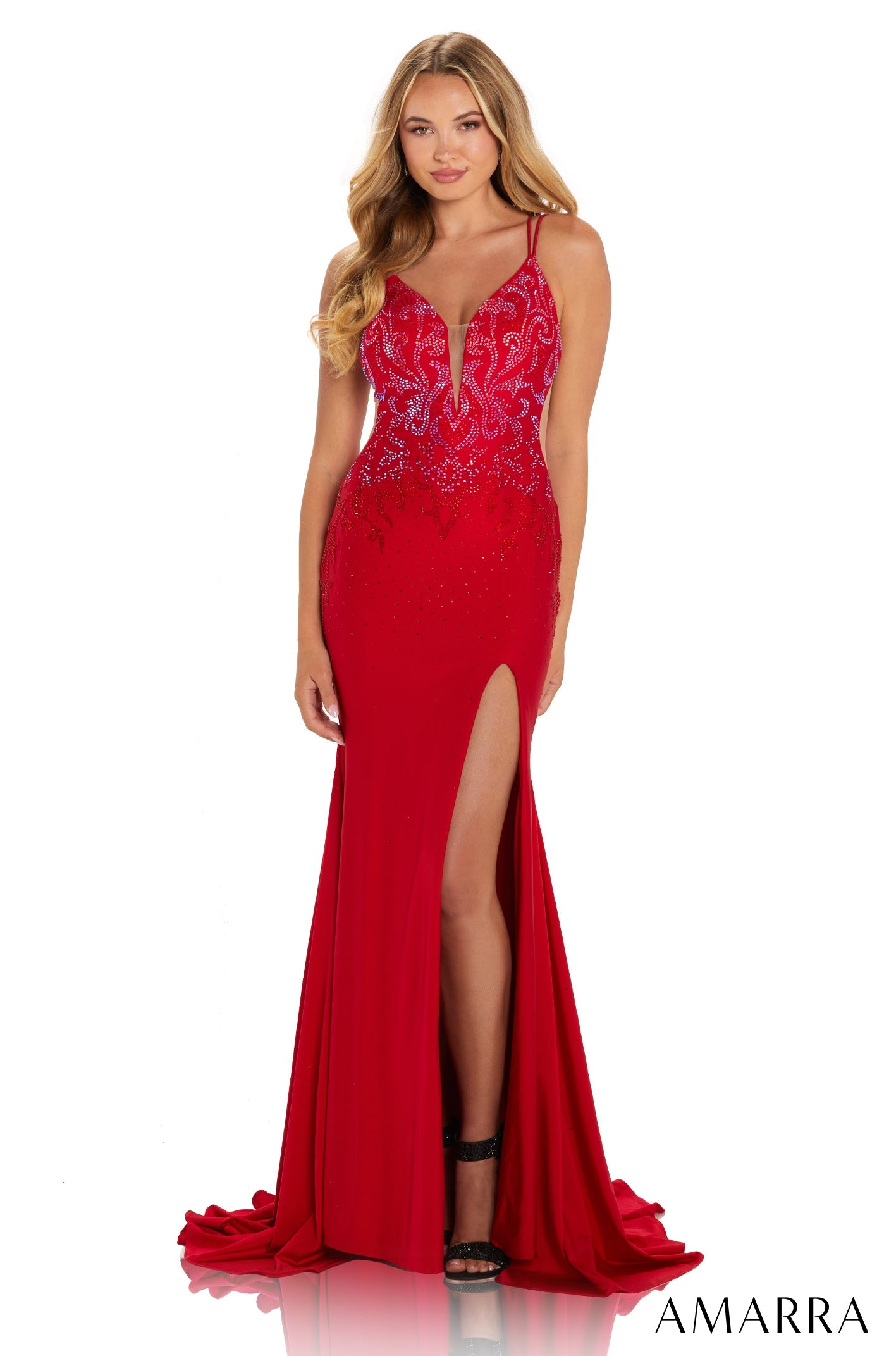 Amarra 20019 Long Fitted Backless Prom Dress Embellished V Neck Slit corset.  When it comes to prom night, it’s all in the details. Style 20019 features a plunging neckline embellished with beautiful accents. A slit skirt and lace up back add a spicy touch to an elegant gown.